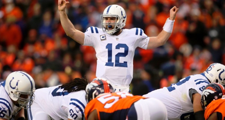 Jan 11, 2015; Denver, CO, USA; Indianapolis Colts quarterback Andrew Luck (12) gestures before a snap against the Denver Broncos during the second quarter in the 2014 AFC Divisional playoff football game at Sports Authority Field at Mile High. Mandatory Credit: Mark J. Rebilas-USA TODAY Sports